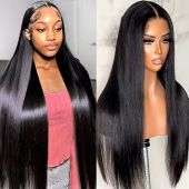 26-Inch Natural Black Long Straight Glueless Lace Front Wig – 180% Density, Pre-Plucked Hairline with Baby Hair – Heat Resistant Synthetic Daily Wear Wig