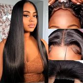 4x4 Glueless Wear & Go Lace Closure Wig - 26" Brazilian Straight  - 150% Density Pre-Plucked Natural Black