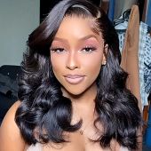 18-Inch Loose Wavy Lace Front Synthetic Wig – Shoulder-Length Curly Bob, Natural Black