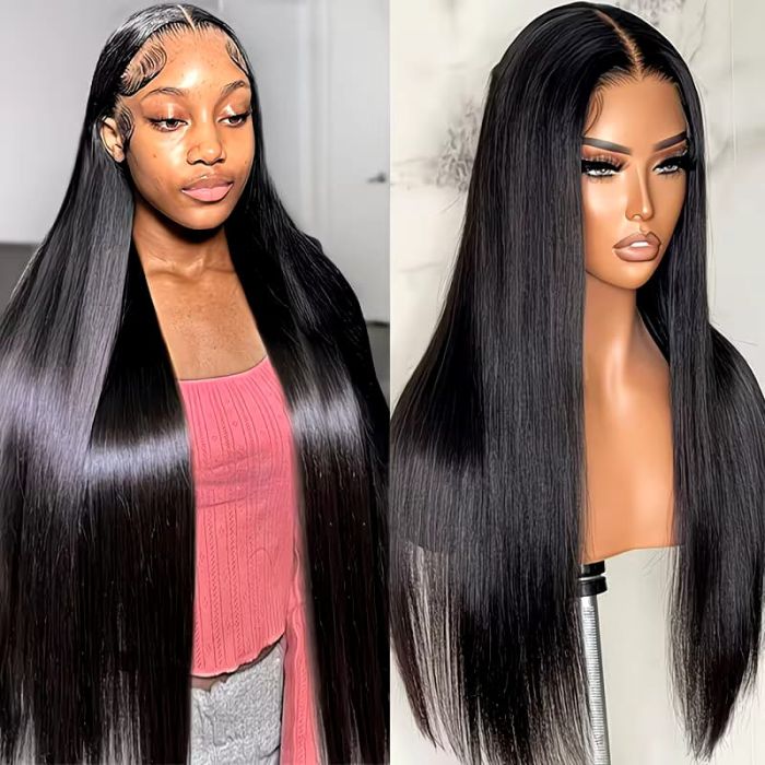 26-Inch Natural Black Long Straight Glueless Lace Front Wig – 180% Density, Pre-Plucked Hairline with Baby Hair – Heat Resistant Synthetic Daily Wear Wig